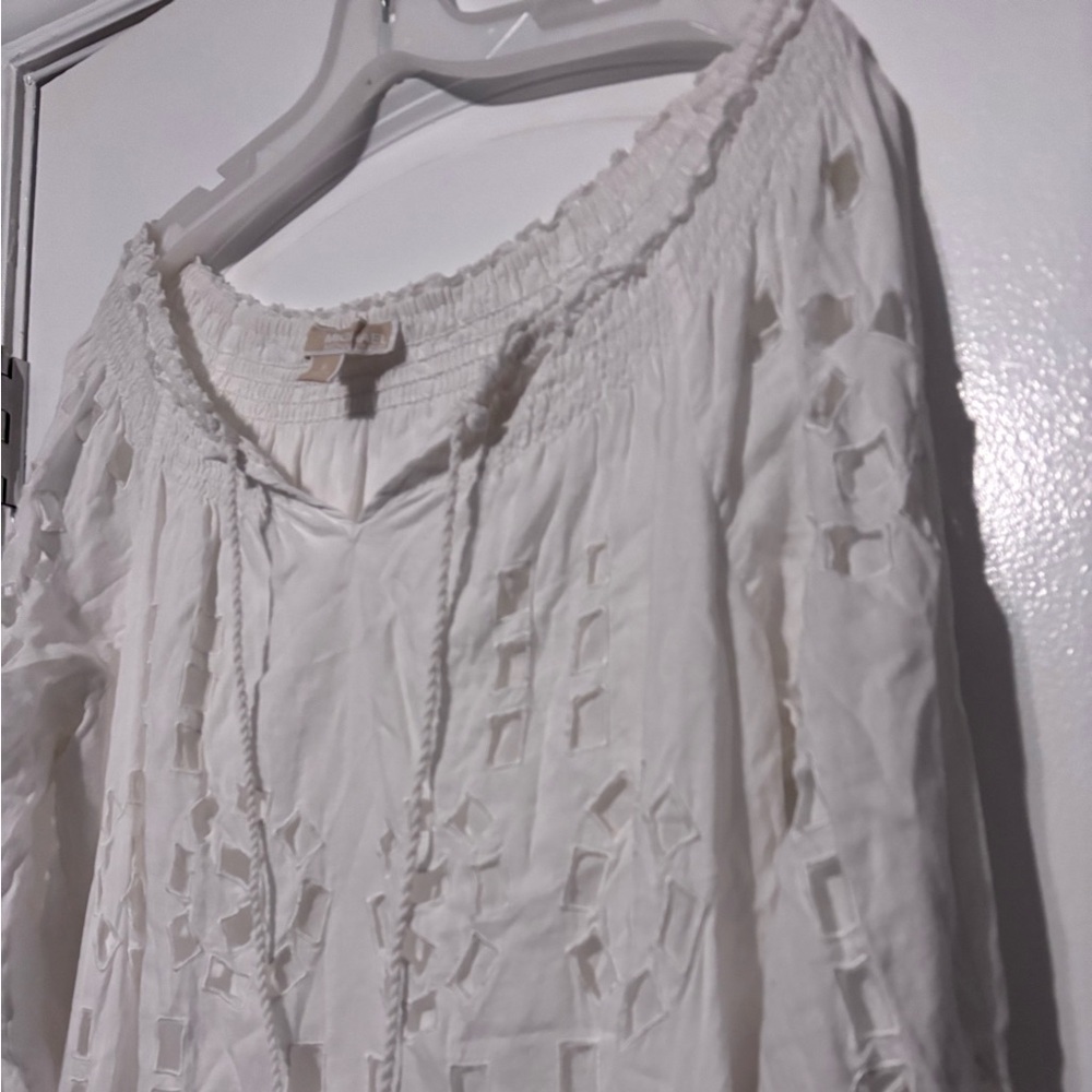 100% cotton Michael Kors White Cotton Boho Peasant Tunic Eyelet Coverup Small - Picture 3 of 6